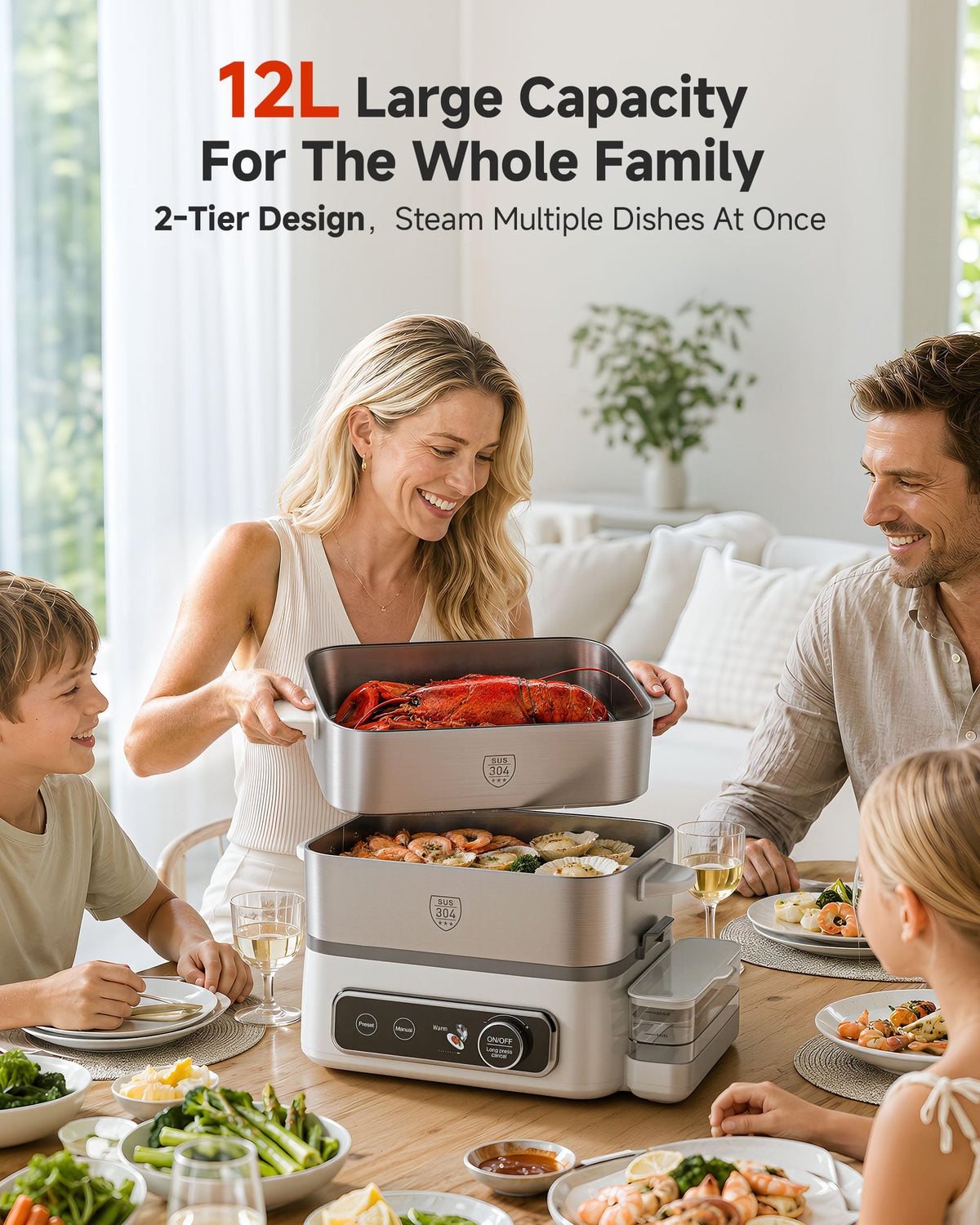 12.7 QT Electric Food Steamer for Cooking with 2 Tier 304 Stainless Steel Tray and Large Capacity