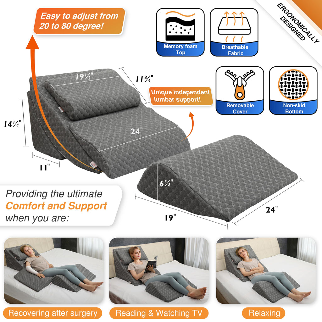 Adjustable Orthopedic Bed Wedge Pillow Set Memory Foam Back Knee Leg Pain Relief Gray Post Surgery Recovery