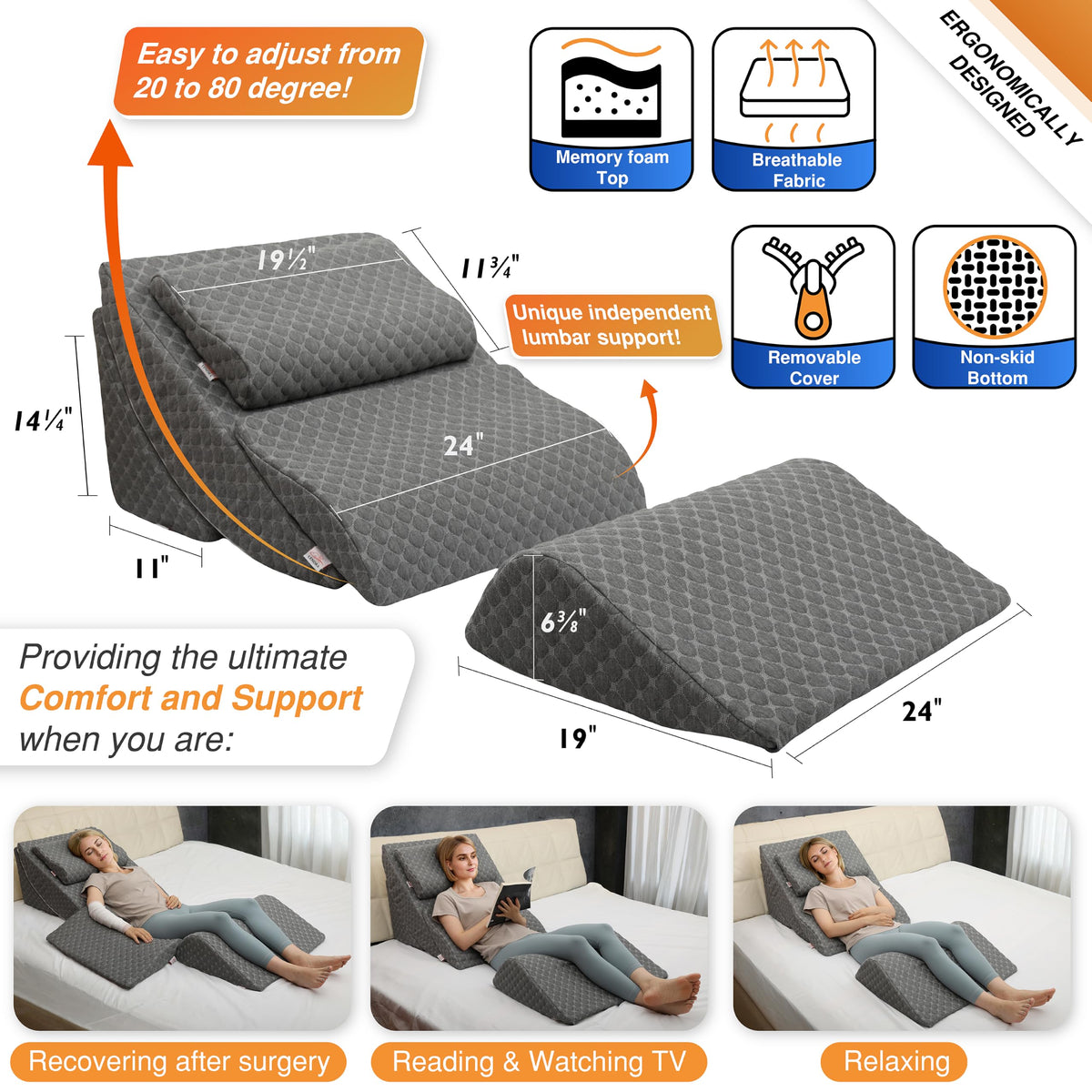 Adjustable Orthopedic Bed Wedge Pillow Set Memory Foam Back Knee Leg Pain Relief Gray Post Surgery Recovery