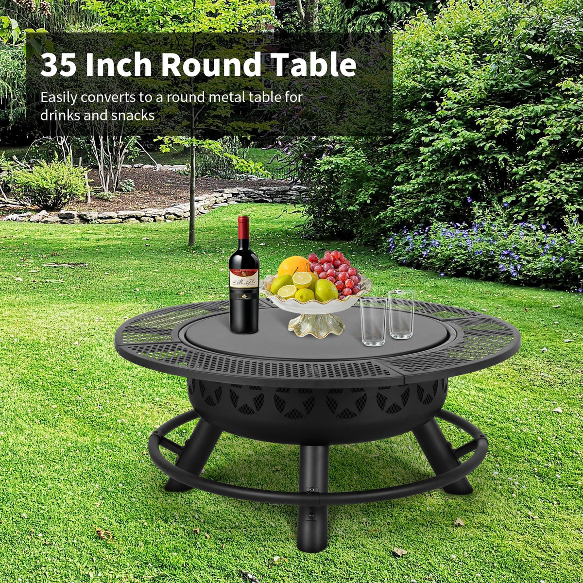 35 inch wood burning BBQ fire pit with 2 cooking grates charcoal pan cover lid round table for patio bonfire