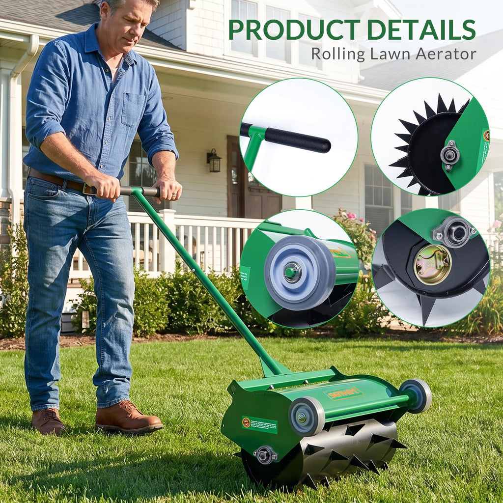 Rolling Lawn Aerator Heavy Duty Push Spike Aeration Tool Up to 55 lbs Manual Rotary Grass Aerator for Yard