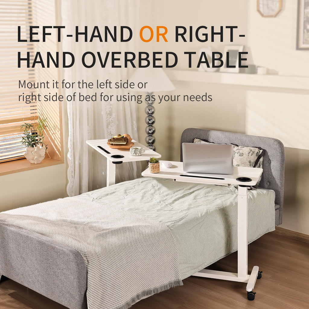 Adjustable Overbed Table with Drawer, Wheels, Cup Holder
