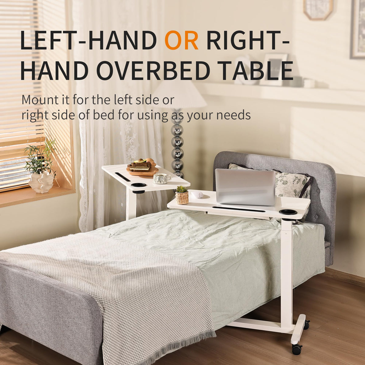 Adjustable Overbed Table with Drawer, Wheels, Cup Holder