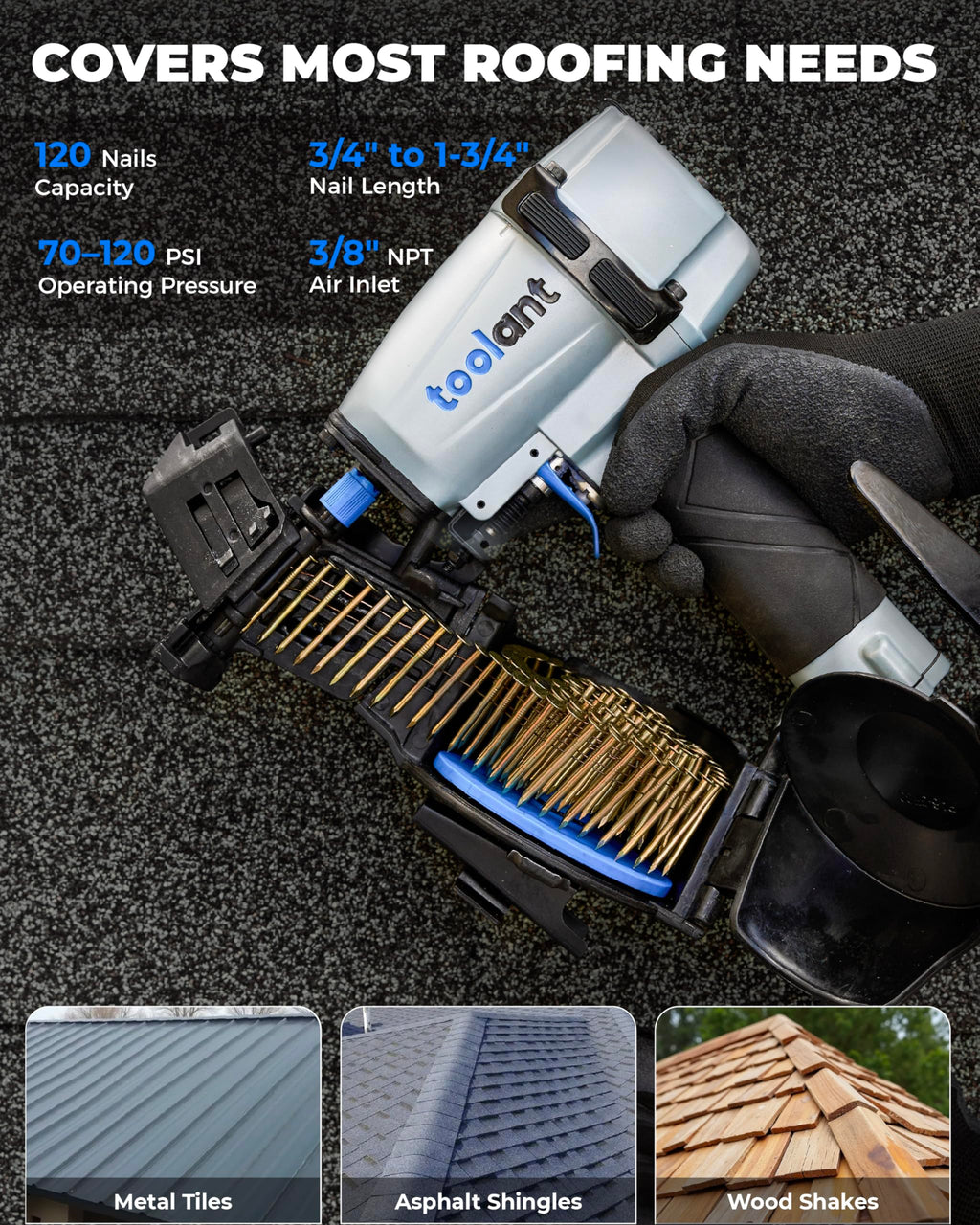 Pneumatic roofing coil nailer tool for 3/4 to 1 3/4 inch 15 degree coil nails professional heavy duty