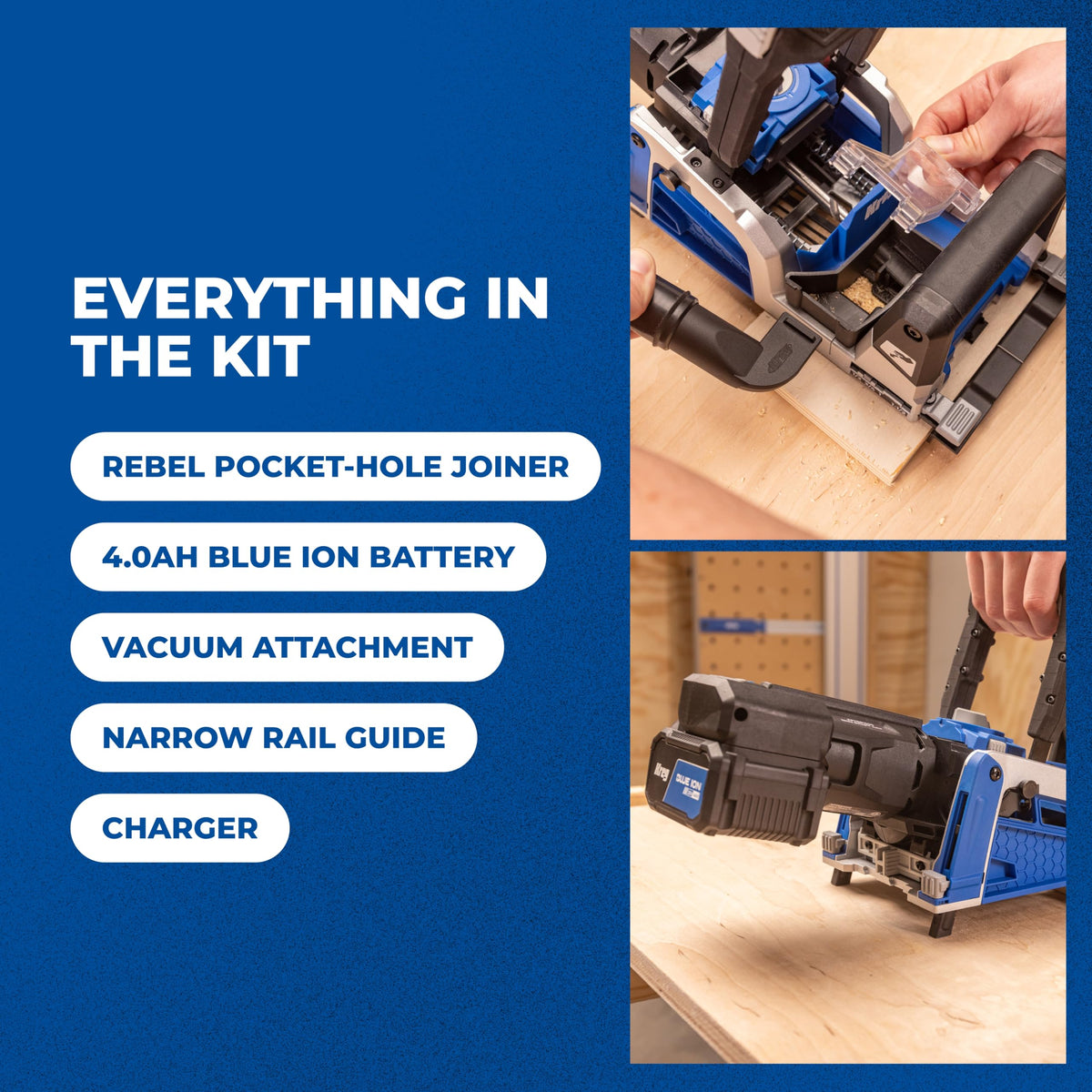 Rebel 20V Ionic Drive Pocket Hole Joiner Kit KPTBRB100A Cordless Woodworking Tool Set with Drill Bit