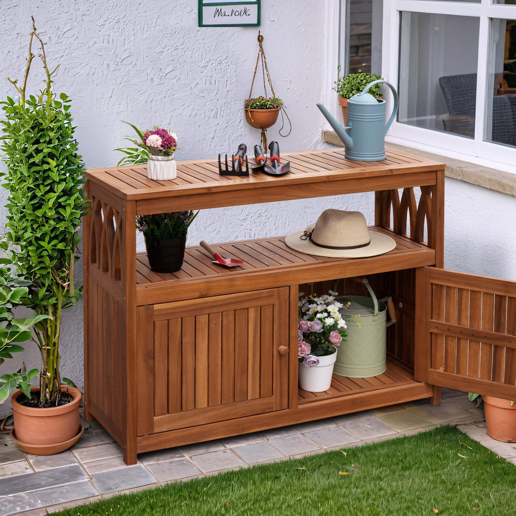 Acacia Wood Outdoor Storage Cabinet Waterproof Potting Table with Weather Resistant Brown Finish