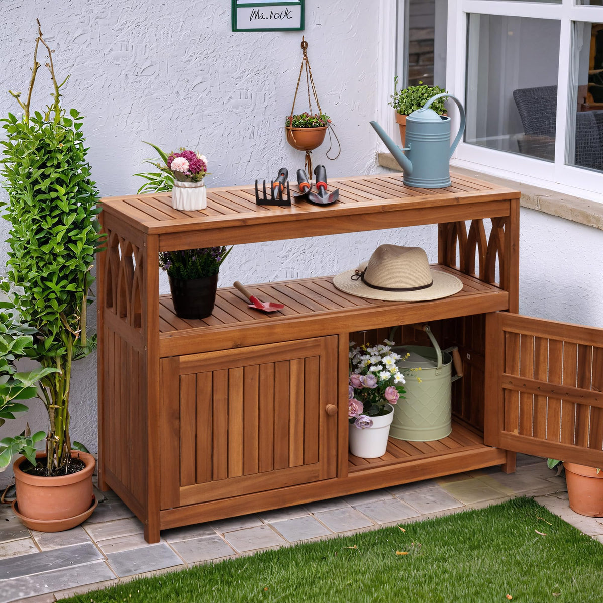 Acacia Wood Outdoor Storage Cabinet Waterproof Potting Table with Weather Resistant Brown Finish