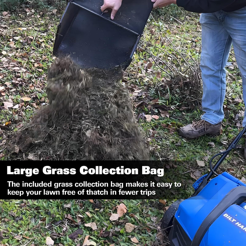 16 Inch Electric Dethatcher Scarifier 15A Copper Motor 5 Position Depth Adjust 14.5 gal Bag 2 in 1 Walk Behind