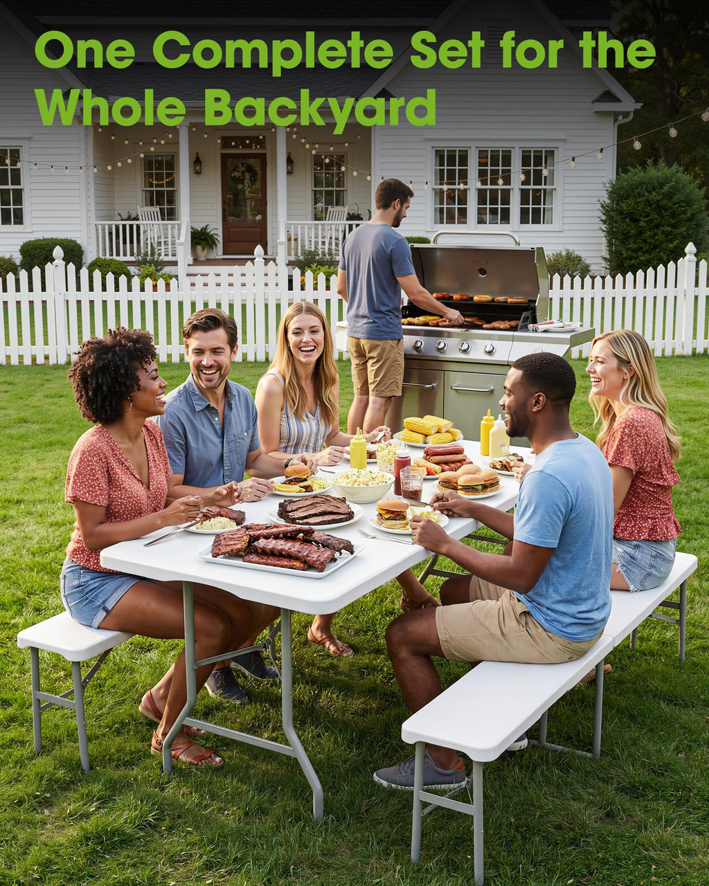 6FT Folding Table and 2 Chairs Set Sturdy Portable Picnic Table for Camping Garden BBQ White