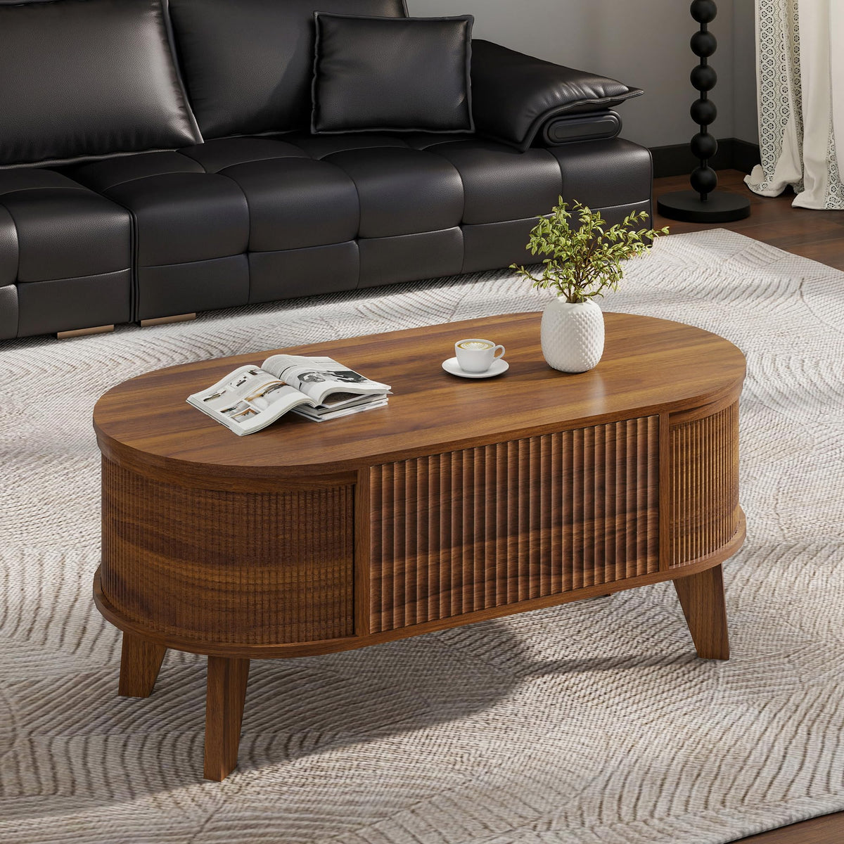 43.3 Inch Fluted Oval Lift Top Coffee Table with Storage, Walnut Finish