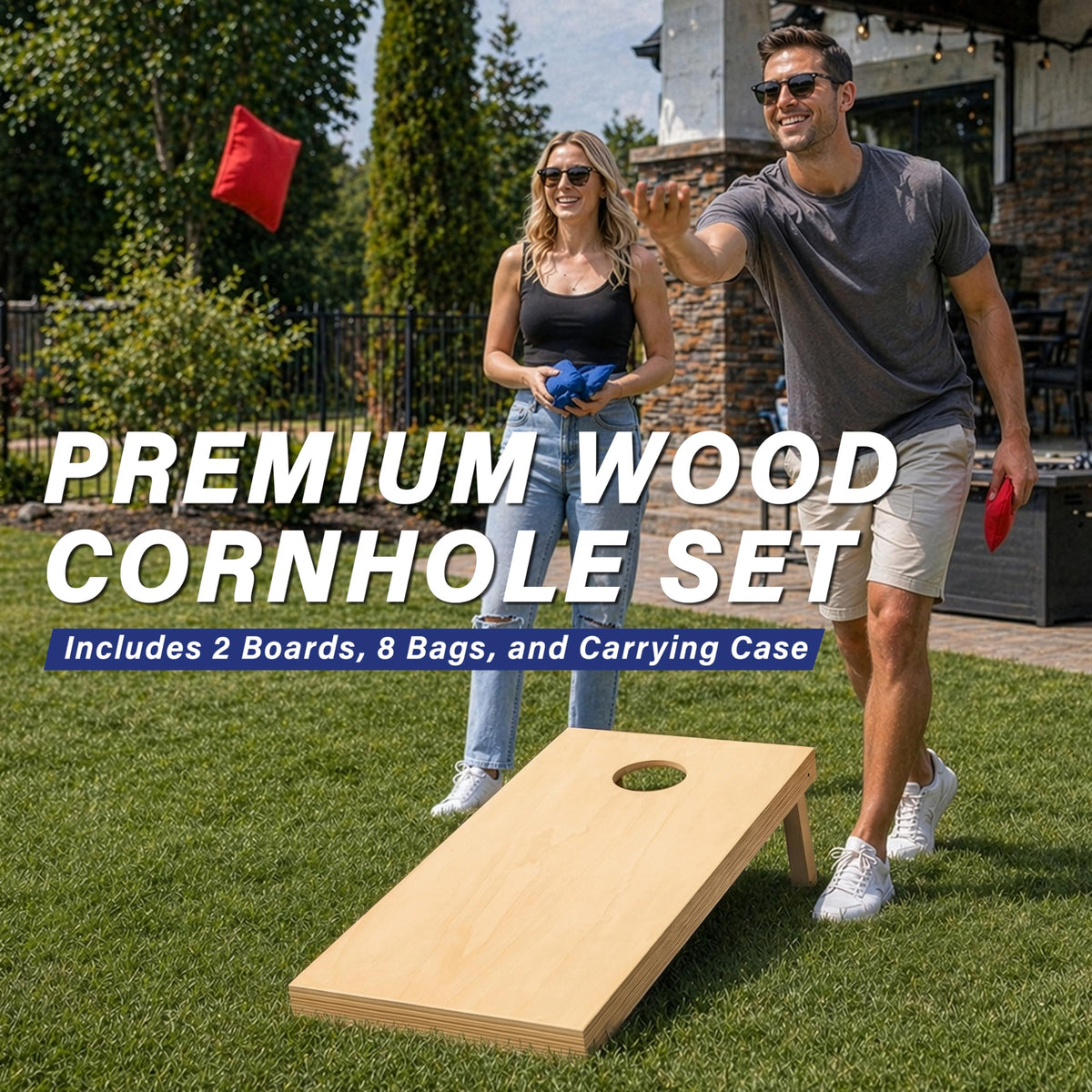 Solid Wood Premium Cornhole Set 4 x 2 ft or 3 x 2 ft Game Boards with 8 Cornhole Toss Bags