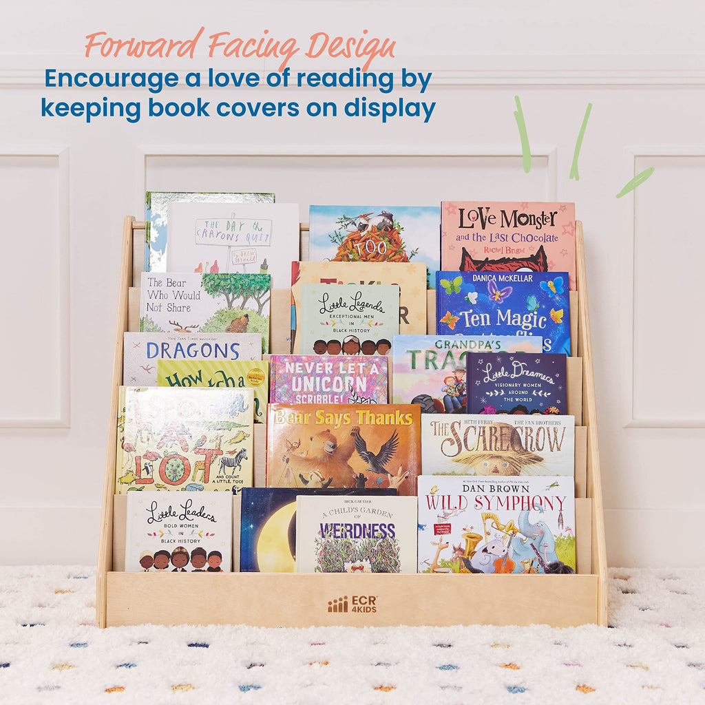 Single Sided Wooden Book Display Shelf for Kids Classroom, 5 Shelves
