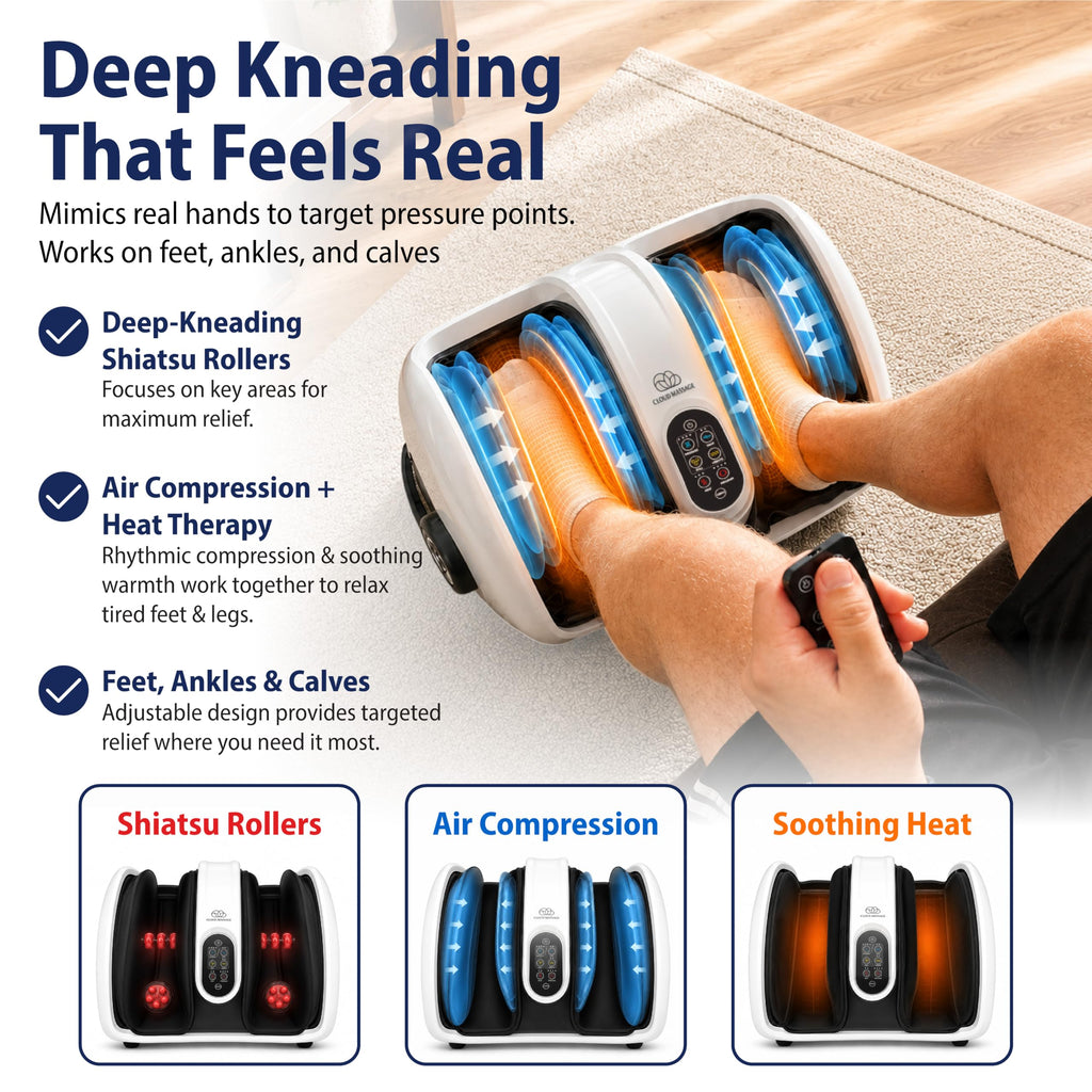 Shiatsu Foot Massager with Heat Standard Size White Deep Kneading Relaxation Therapy for Home Use