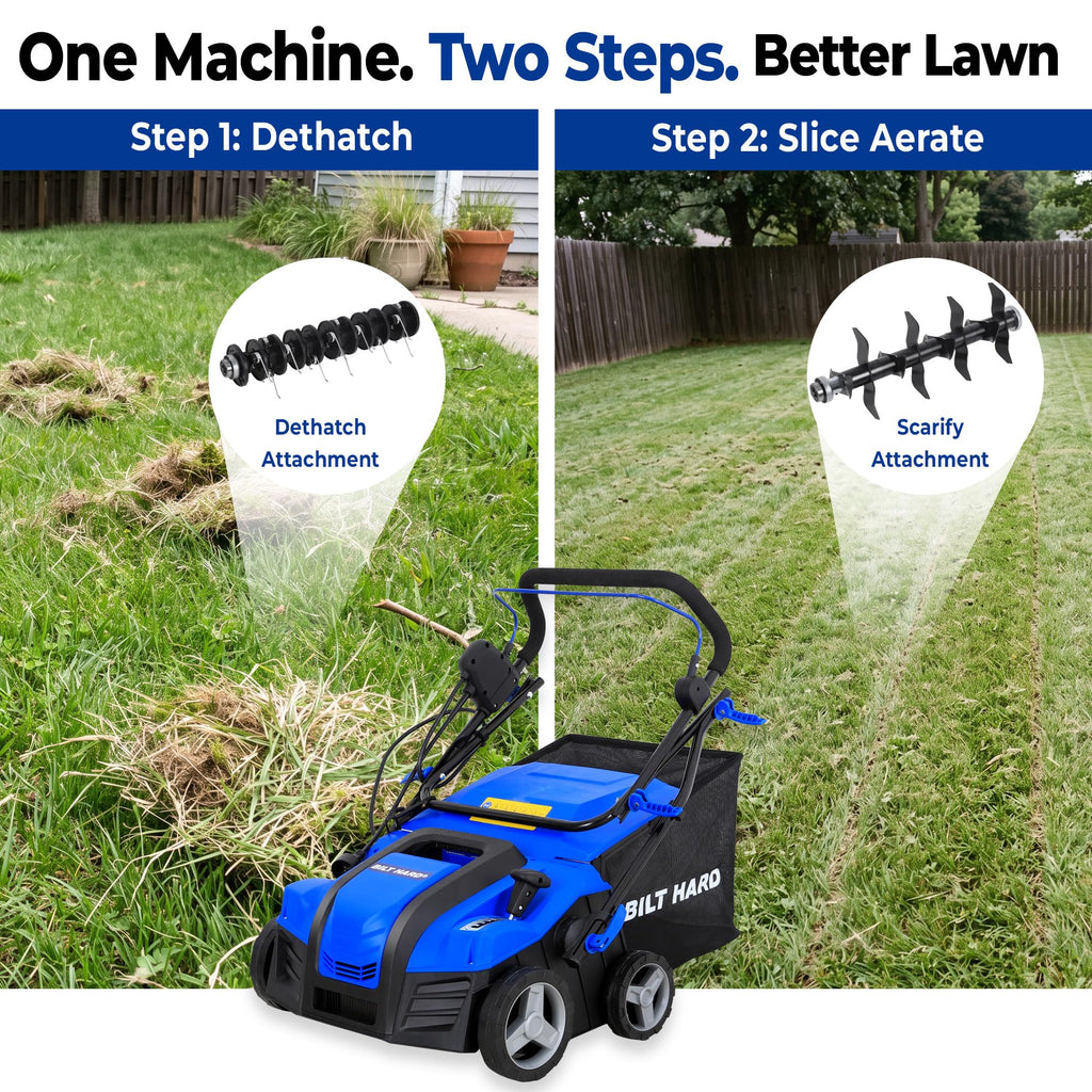 16 Inch Electric Dethatcher Scarifier 15A Copper Motor 5 Position Depth Adjust 14.5 gal Bag 2 in 1 Walk Behind