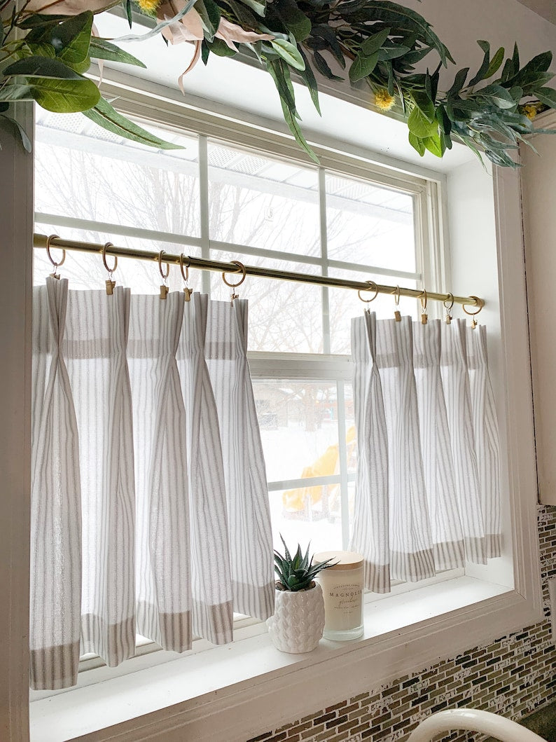Pleated Ticking Striped Cafe Curtain Panel - Double French Pleat, Farmhouse Style, Customizable Width and Length, Cotton Blend, Unlined or Lined