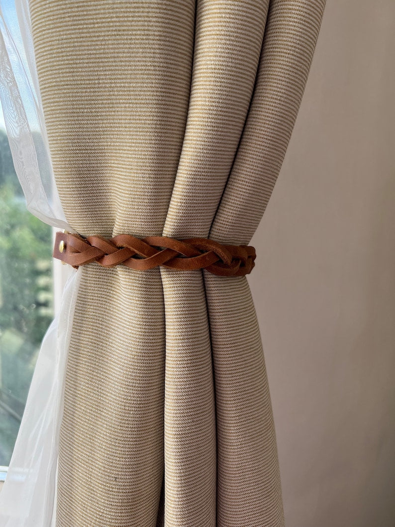 Leather Braided Curtain Tie Back with Brass or Nickel Plated Trigger Hook Clasp