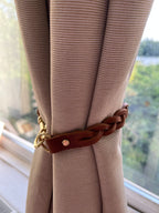 Leather Braided Curtain Tie Back with Brass or Nickel Plated Trigger Hook Clasp