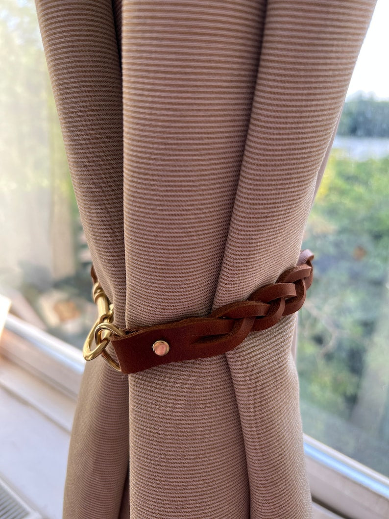 Leather Braided Curtain Tie Back with Brass or Nickel Plated Trigger Hook Clasp
