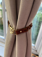 Leather Braided Curtain Tie Back with Brass or Nickel Plated Trigger Hook Clasp