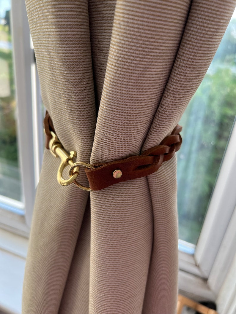 Leather Braided Curtain Tie Back with Brass or Nickel Plated Trigger Hook Clasp