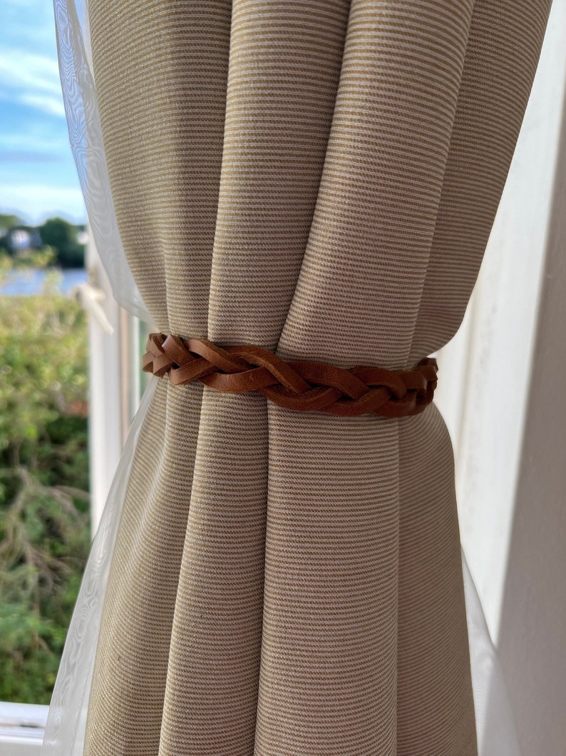 Leather Braided Curtain Tie Back with Brass or Nickel Plated Trigger Hook Clasp