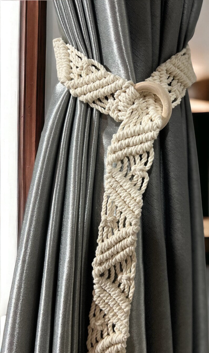 Handmade Macrame Curtain Tiebacks, Boho Leaf Curtain Holdbacks, Cotton Window Treatment, 32 Colors, Size M/L