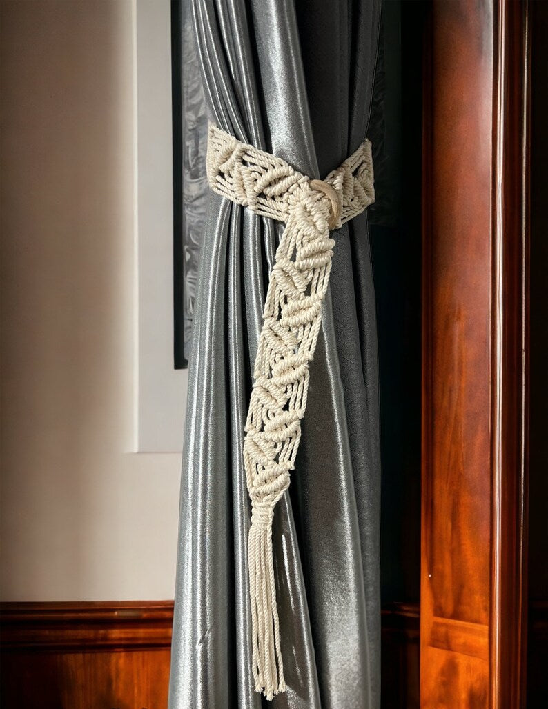 Handmade Macrame Curtain Tiebacks, Boho Leaf Curtain Holdbacks, Cotton Window Treatment, 32 Colors, Size M/L