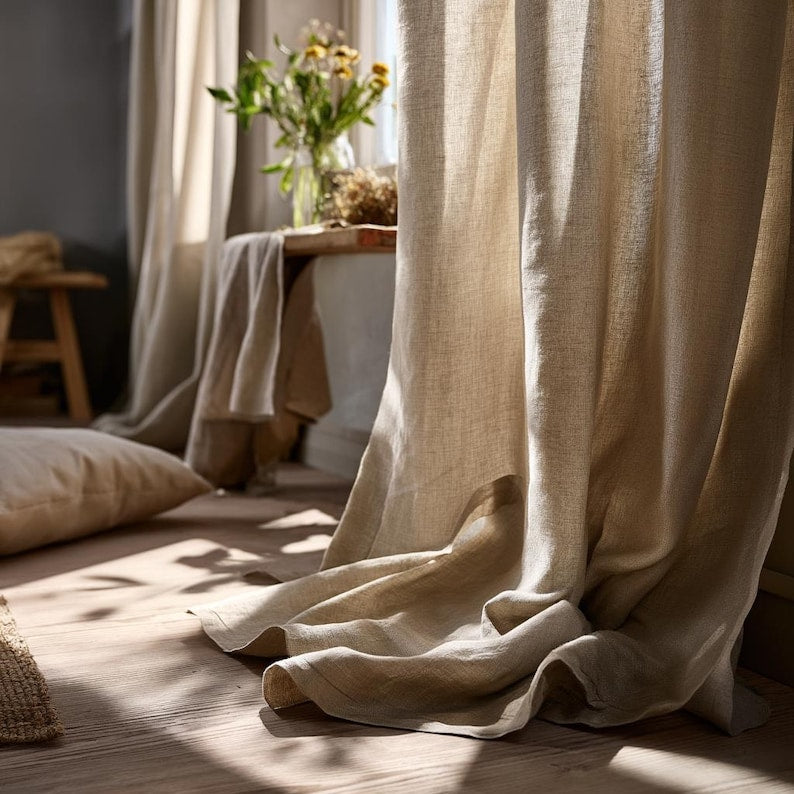 100% European Linen Curtain, Tab Top Heading, Natural Flax Window Panel, 185 g/m², Modern Farmhouse Bedroom & Living Room, 1 Panel