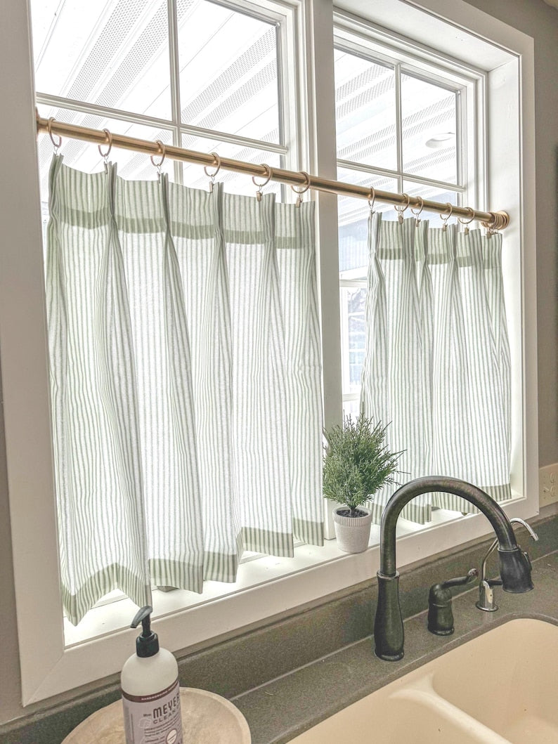 Pleated Ticking Striped Cafe Curtain Panel - Double French Pleat, Farmhouse Style, Customizable Width and Length, Cotton Blend, Unlined or Lined