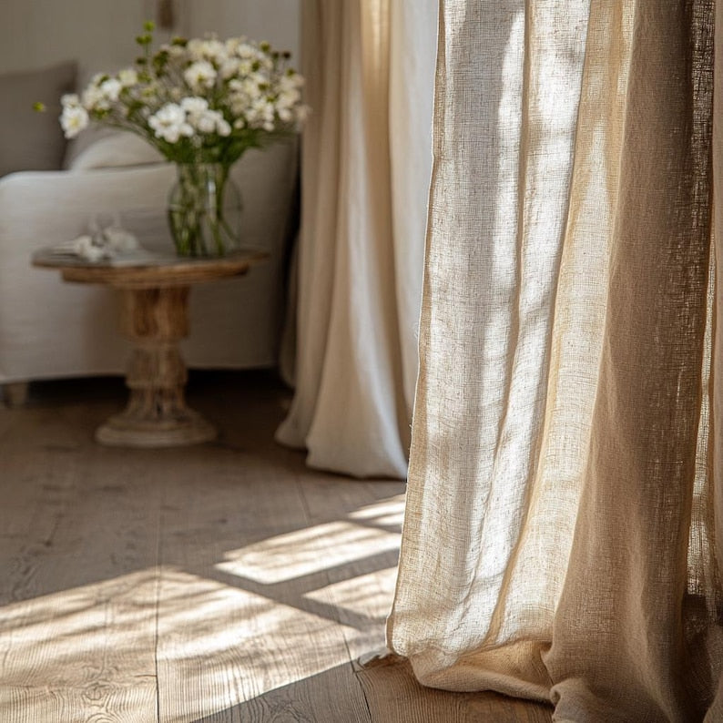 100% European Linen Curtain, Tab Top Heading, Natural Flax Window Panel, 185 g/m², Modern Farmhouse Bedroom & Living Room, 1 Panel
