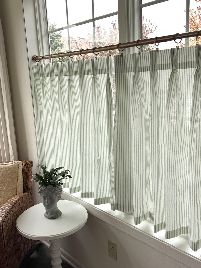 Pleated Ticking Striped Cafe Curtain Panel - Double French Pleat, Farmhouse Style, Customizable Width and Length, Cotton Blend, Unlined or Lined