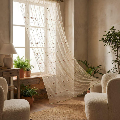 Extra Wide Embroidered Floral Sheer Curtain, Pink or Orange, Wavy Bottom Border, Floral Embroidery, 1 Panel or Pair