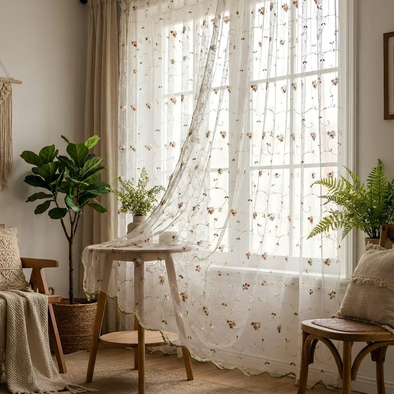 Extra Wide Embroidered Floral Sheer Curtain, Pink or Orange, Wavy Bottom Border, Floral Embroidery, 1 Panel or Pair