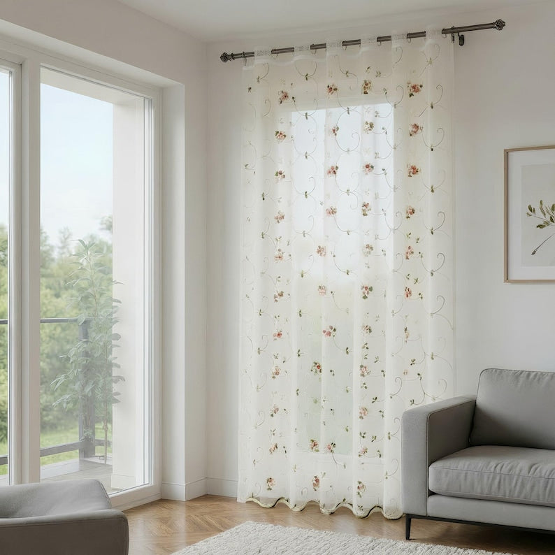 Extra Wide Embroidered Floral Sheer Curtain, Pink or Orange, Wavy Bottom Border, Floral Embroidery, 1 Panel or Pair