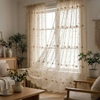 Extra Wide Embroidered Floral Sheer Curtain, Pink or Orange, Wavy Bottom Border, Floral Embroidery, 1 Panel or Pair
