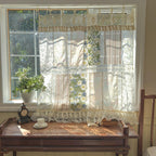 Green Embroidered Floral Lace Curtain Valance with Tie Top, Farmhouse Kitchen Cafe Window Decor, 1 Panel