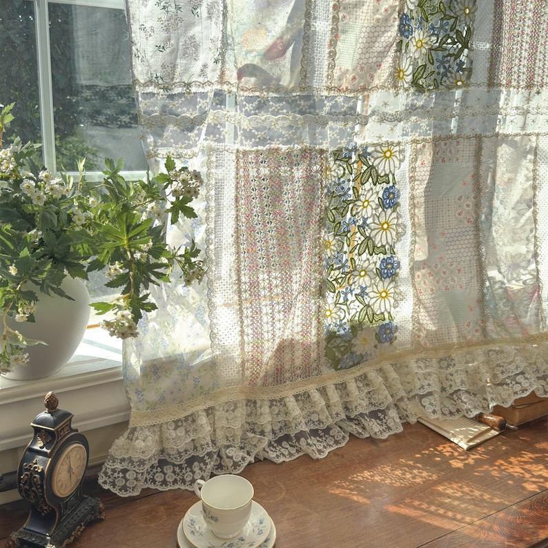 Green Embroidered Floral Lace Curtain Valance with Tie Top, Farmhouse Kitchen Cafe Window Decor, 1 Panel