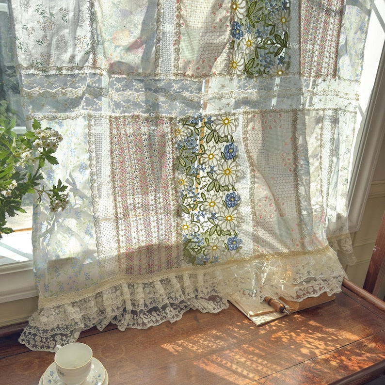 Green Embroidered Floral Lace Curtain Valance with Tie Top, Farmhouse Kitchen Cafe Window Decor, 1 Panel