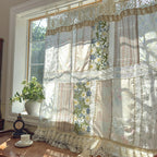 Green Embroidered Floral Lace Curtain Valance with Tie Top, Farmhouse Kitchen Cafe Window Decor, 1 Panel