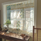 Green Embroidered Floral Lace Curtain Valance with Tie Top, Farmhouse Kitchen Cafe Window Decor, 1 Panel