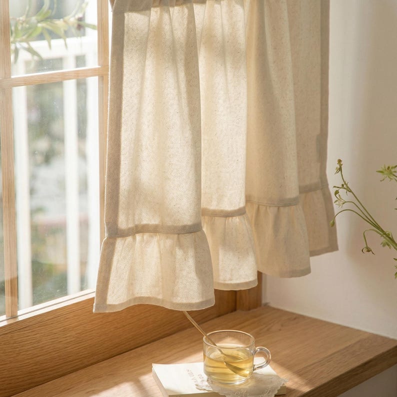 Cotton Linen Ruffle Cafe Curtains, French Country Boho Light Filtering Short Window Drapes, Natural Beige, Rod Pocket
