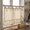 Cotton Linen Ruffle Cafe Curtains, French Country Boho Light Filtering Short Window Drapes, Natural Beige, Rod Pocket