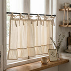 Cotton Linen Ruffle Cafe Curtains, French Country Boho Light Filtering Short Window Drapes, Natural Beige, Rod Pocket