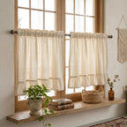 Cotton Linen Ruffle Cafe Curtains, French Country Boho Light Filtering Short Window Drapes, Natural Beige, Rod Pocket