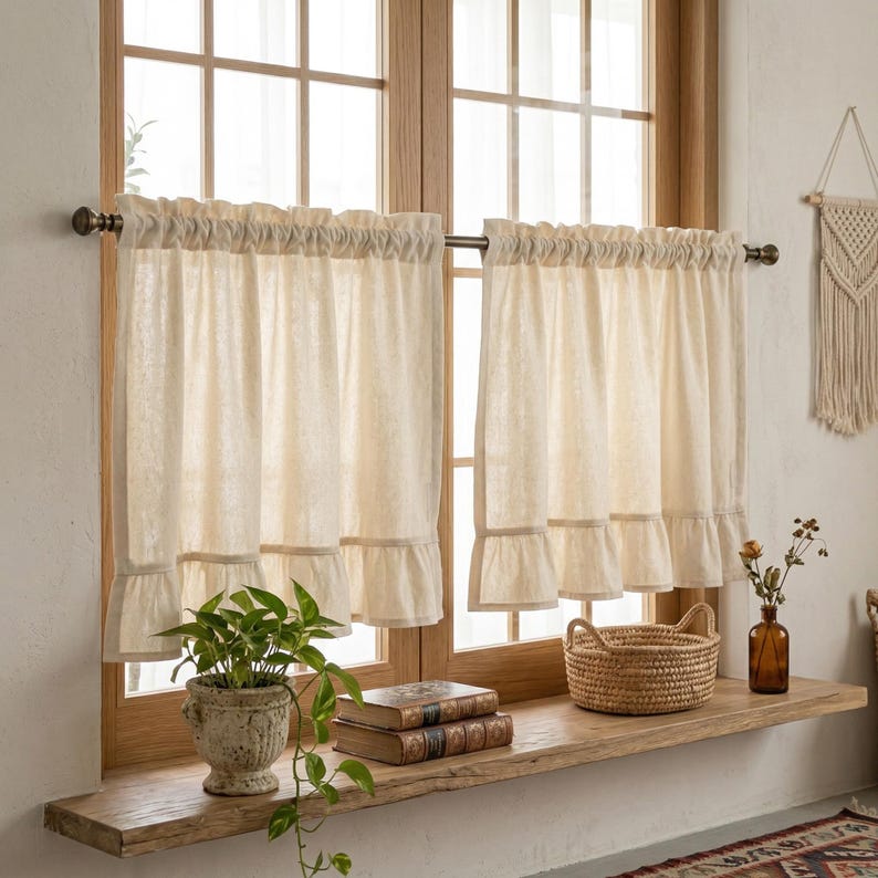 Cotton Linen Ruffle Cafe Curtains, French Country Boho Light Filtering Short Window Drapes, Natural Beige, Rod Pocket