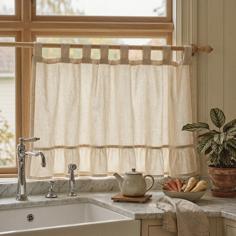 Cotton Linen Ruffle Cafe Curtains, French Country Boho Light Filtering Short Window Drapes, Natural Beige, Rod Pocket