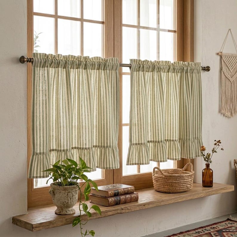 Green Striped Cotton Linen Cafe Curtains with Ruffled Hem, Light Filtering Rod Pocket, Tie Top, Tab Top Window Treatments for Kitchen and Bathroom