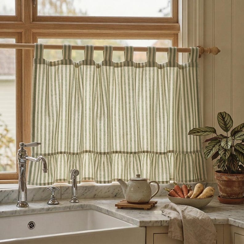 Green Striped Cotton Linen Cafe Curtains with Ruffled Hem, Light Filtering Rod Pocket, Tie Top, Tab Top Window Treatments for Kitchen and Bathroom