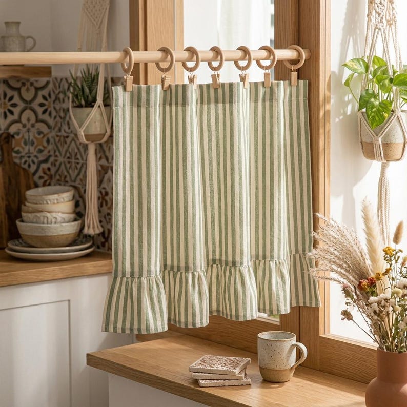 Green Striped Cotton Linen Cafe Curtains with Ruffled Hem, Light Filtering Rod Pocket, Tie Top, Tab Top Window Treatments for Kitchen and Bathroom