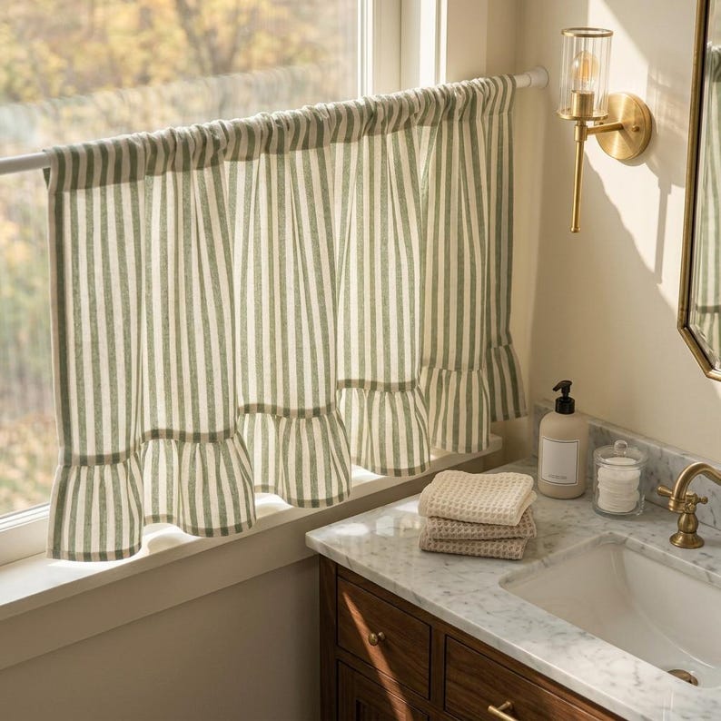 Green Striped Cotton Linen Cafe Curtains with Ruffled Hem, Light Filtering Rod Pocket, Tie Top, Tab Top Window Treatments for Kitchen and Bathroom